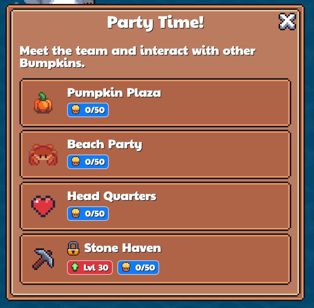 bumpkinbuilder's tweet photo. The last Bumpkin Party crashed the game servers due to so much demand 😢

I've been working on some changes to help scale this concept.

Now we have many more rooms and they are limited to 50 people. When the parties start, be quick to enter! https://t.co/0t30DWnTpQ