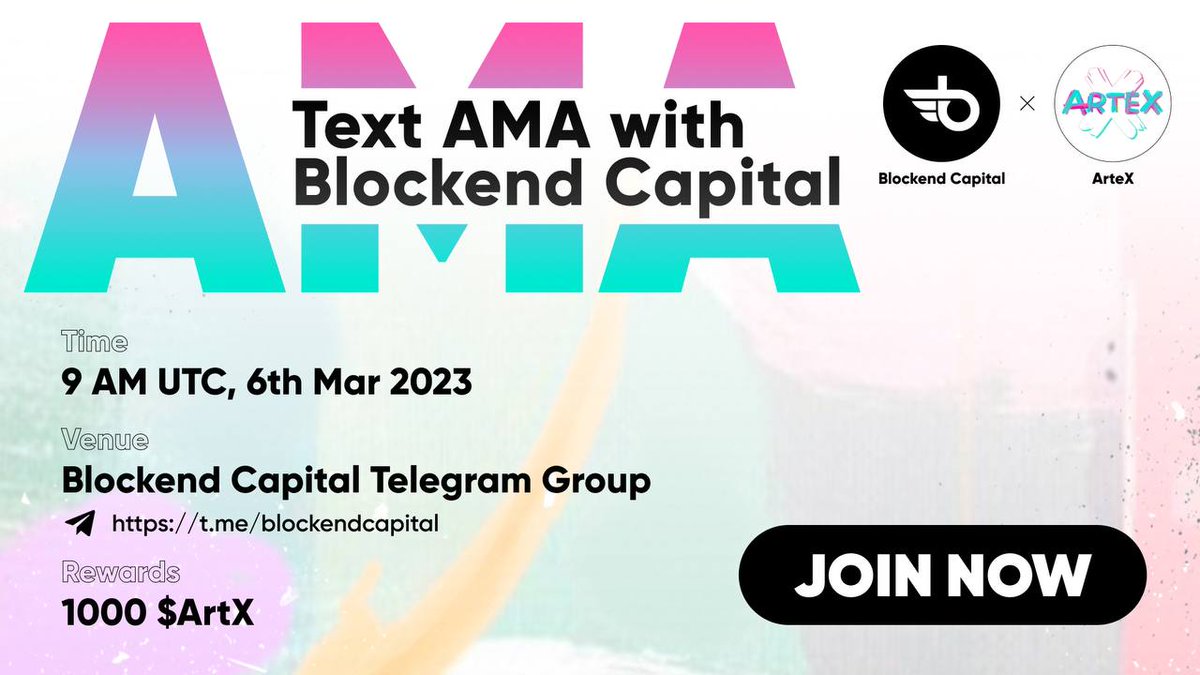 blockendcapital's tweet photo. Blockend Capital AMA with ARTEX!!!

Giveaway: 1000 $ArtX
Date: 6th Mar, 2023
Time: 9AM UTC
Venue: https://t.co/xDrt90Nrwg…

Rules:
Follow @ArteX_xyz &amp; @blockendcapital

Like, Retweet and comment your questions with Tag 3 of your friends.
Otherwise no reward https://t.co/uM7GoB5uYy