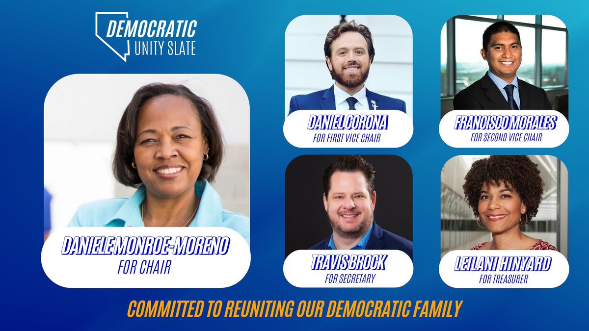 Congratulations newly elected officers of the Nevada State Democratic Party <a href="/nvdems/">NV Dems</a>
, Daniele Monroe-Moreno @Daniele4NV
, 1st Vise Chair <a href="/DanielCoronaNV/">Daniel Corona</a>
, 2nd Vise Chair Francisco Morales <a href="/frcojmorales/">Francisco Morales</a>
, secretary Travis Brock @tbrock001
 &amp; Treasurer Leilani Hinyard <a href="/hinyardl/">Lani</a>!