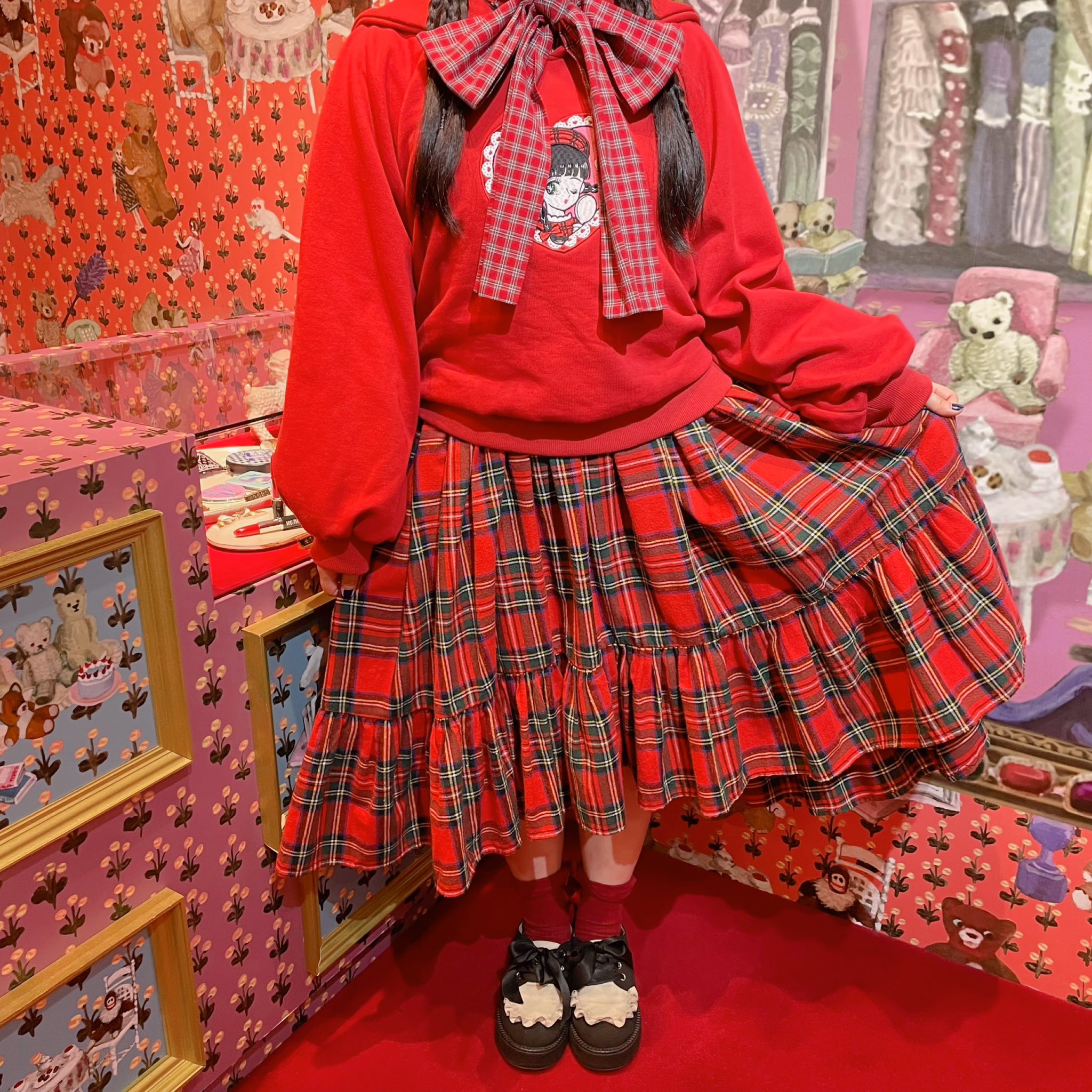 何でも揃う Heihei ヘイヘイ チェック リボン パンツ ズボン 赤