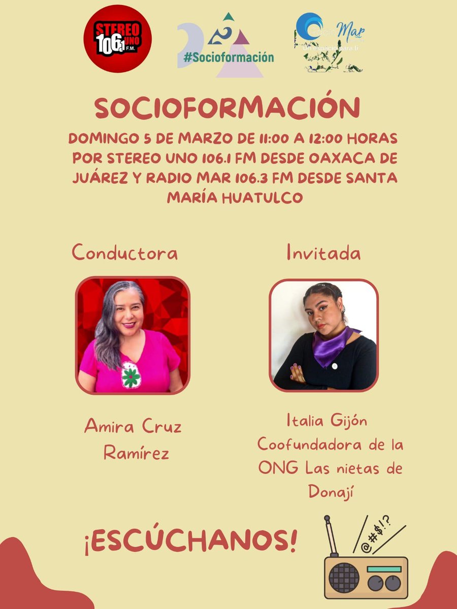 CruzAmira's tweet photo. ¡Los domingos son de #Socioformación #Radio! 😁📻📣🎙🥇
¡Este 5 de marzo 2023, de 11:00 a 12:00 horas, la brilante @Zitaliaa está con #Nosotras!
También pueden escucharnos en: https://t.co/4yp4O9Ob8E
#RadioMar y #StereoUno
¡La #RadioSocial de #Oaxaca!
¡#AlegríayÉxito 🏆🎉! https://t.co/BObZGNFMVv
