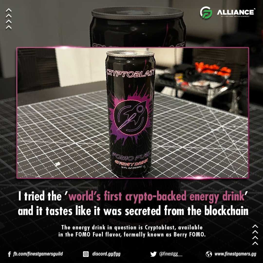 Cryptoblast taste "sort-of berry." Tarter than the Red Bull and left an awful aftertaste even washed off with 2 liter of water. However, Cryptoblast's is backed by its own cryptocurrency, $CBT.  
---
#LevelUpYourGame #BecomeFinest #Alliance #CRYPTOBLAST #EnergyDrink #BlockChain