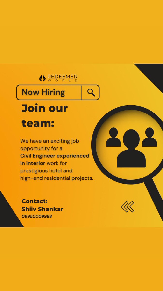 redeemer_world's tweet photo. #Hiring #Engineers #interiors
Join the most dynamic group of Engineers at *Redeemer world*

Engineers with Experience of Interior Works for Hotel &amp; Residential Projects 
Location - Jaipur &amp; Udaipur 
Experience - 4-5 Years 
Email Resume at - Shiv.redeemer@gmail.com https://t.co/deppVgAvfk