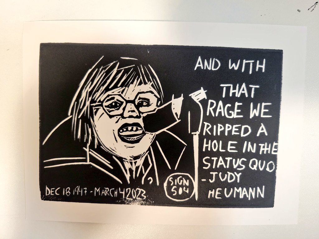 When I heard that Judy Heumann died, I sat down and made this linocut print. It is quick and angry and filled with crip love and crip rage and crip grief.