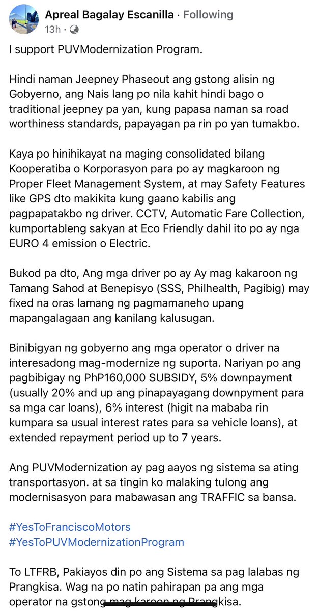 bryan_castillo's tweet photo. I support the government’s #JeepneyModernizationProgram Please huwag naman tayong paurong. 

📸: Apreal Bagalay Escanilla’s FB page https://t.co/5SbbHNNjDe