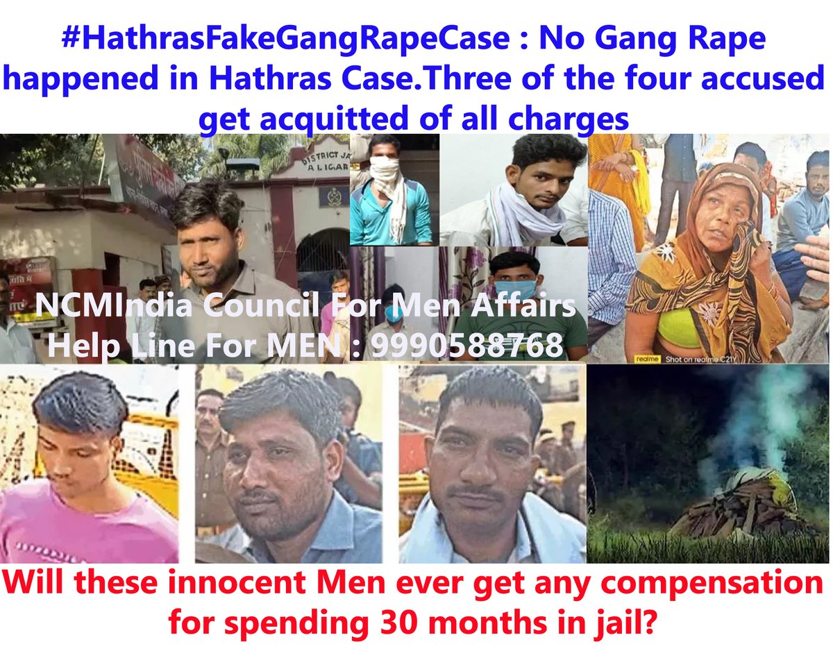 NCMIndiaa's tweet photo. An SC/ST court ruled out any possibility of Gang Rape in #HathrasCase .Three of the four accused gt acquitted of all charges. Three innocent MEN Ravi, Luv Kush and Ramu gt released after spending 30 months inside the jail fr a crime which never happened
#HathrasFakeGangRapeCase https://t.co/1Jd74mOevD
