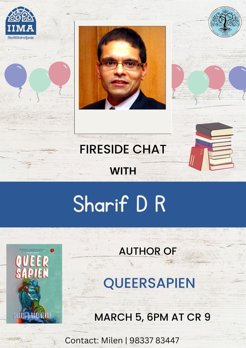 Kushanarchy's tweet photo. Two great events happening today at IIM Ahmedabad by @LSD_IIMA 

Superb opportunity to spend two enriching hours in the evening! It is Open to all and Free for all! They also have a bookstall set up! :) https://t.co/7WuLA2J0Py