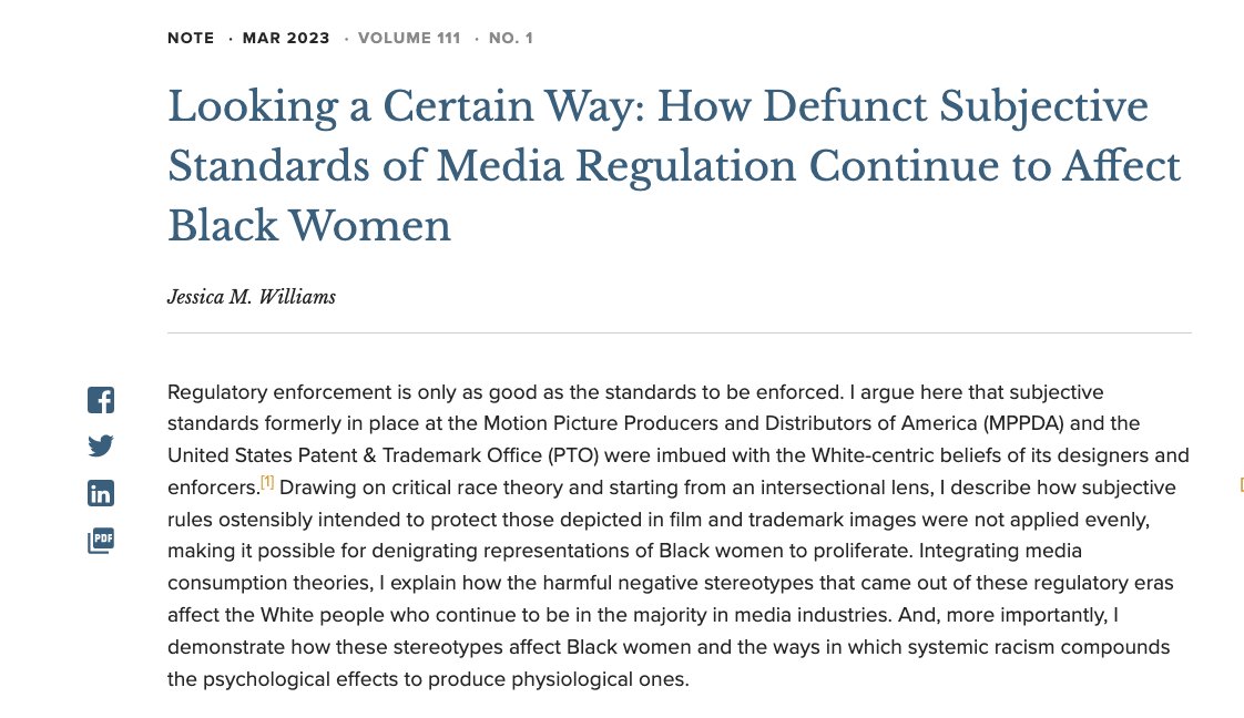 CalifLRev's tweet photo. Jessica M. Williams (JD '21) argues that early subjective standards intended to protect those depicted in film and trademark images were applied unevenly, thus perpetuating negative media stereotypes about Black women that persist today.

https://t.co/4tHo6jeki8 https://t.co/oCroGtwerG