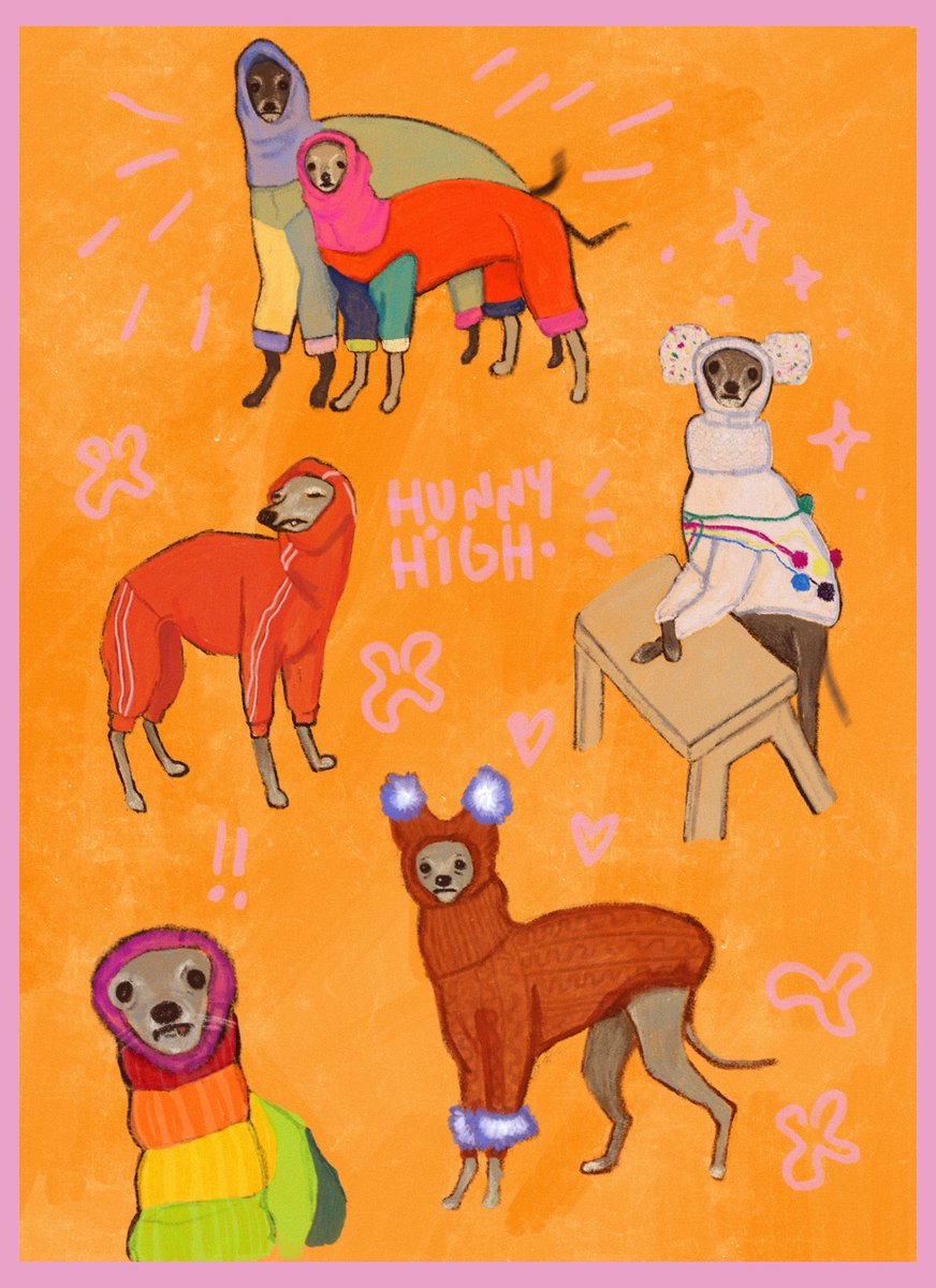 Hunnyhighart's tweet photo. here’s a series of stylish italian greyhounds – soon available on my etsy shop as individual stickers 🥲🫶🏽: HUNNYHIGH. https://t.co/cMAKissqDc