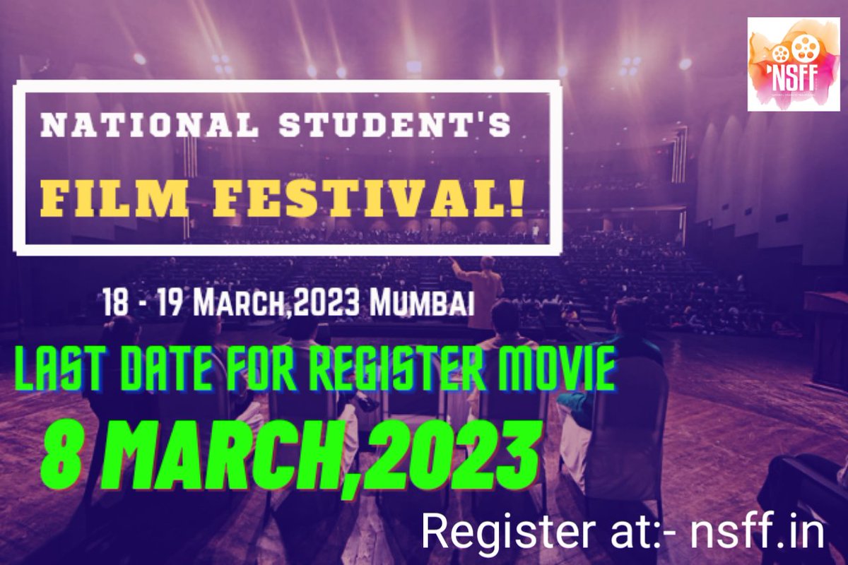 nsffmumbai's tweet photo. Short Film Competition: National students film festival is a short film competition platform for students and young film makers to present theirs talent at National level. 

Last Date For Register Movie
8 March, 2023

#NSFF2023
#NSFFMumbai #NSFFMumbai2023 #RKM https://t.co/zBp0IGaONF