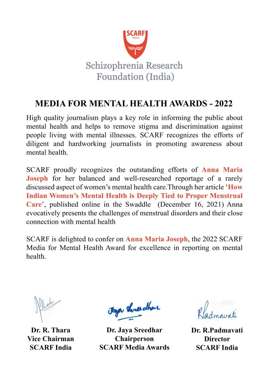 whatnowanna's tweet image. Working with communities on stories that can have impact means everything to me. It also feels wonderful to be recognised for this work. This story I worked on for @TheSwaddle on #MenstrualAndMentalHealth won Special Mention @SRFmentalhealth Media for Mental Health Awards!