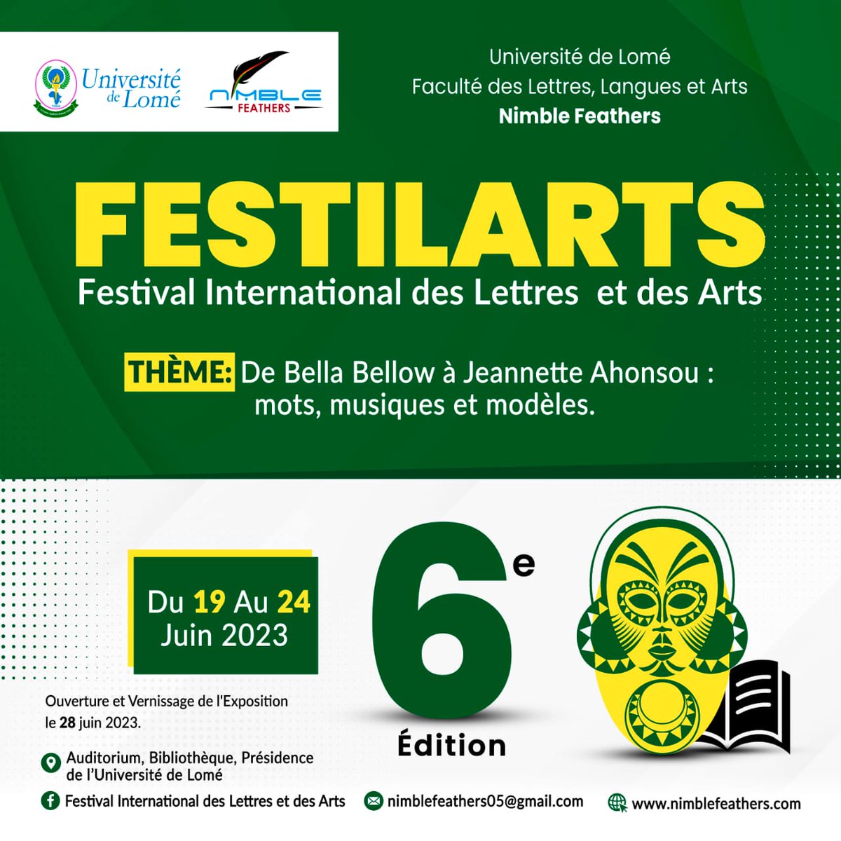 PatronHenekou's tweet photo. DE BELLA BELLOW A JEANNETTE AHONSOU : MOTS, MUSIQUES ET MODÈLES

La 6è édition du Festilarts rend hommage à ces 2 figures féminines majeures dans la perspective de contribuer à l’atteinte de l’ODD 5.

#universite_de_lome 
#FLLA
#festilarts_2023 
#Nimble_Feathers https://t.co/JSqCTsDNRz