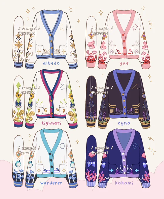 genshin cardigans 2nd round 🌼

old designs may or may not come back,,im not sure 😭 