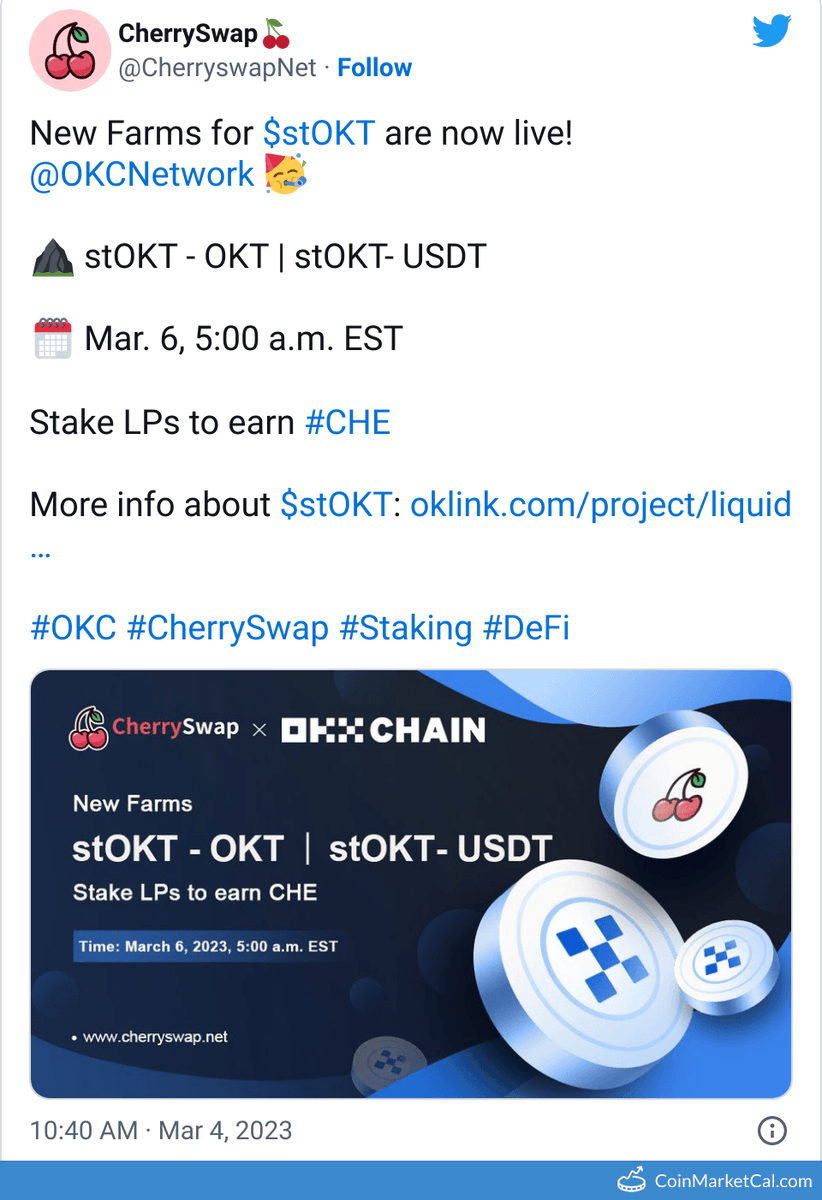 🆕 New OKC $OKT, OKExChain $OKT event! 
 
06 March 2023 
New StOKT Farms  
 
Source: coinmarketcal.com/en/event/new-s…