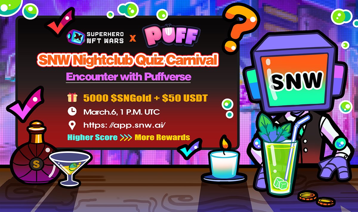 supernftwars's tweet photo. Join the SNW #Metaverse #Nightclub #Quiz - Encounter with @Puffverse 

📍 https://t.co/ZDii8Jsm4W
⏳ Mar 6, 1 PM UTC
🎁 5000 $SNGold - https://t.co/O2MDMo2V3u
🎁 $50 #USDT for winners
💡 HINTs: https://t.co/oQyZqGDH1N &amp; https://t.co/GmdTfcAbk5 

#NFT #Airdrop #Giveaway #P2E #Web3 https://t.co/SP6J1odsKl