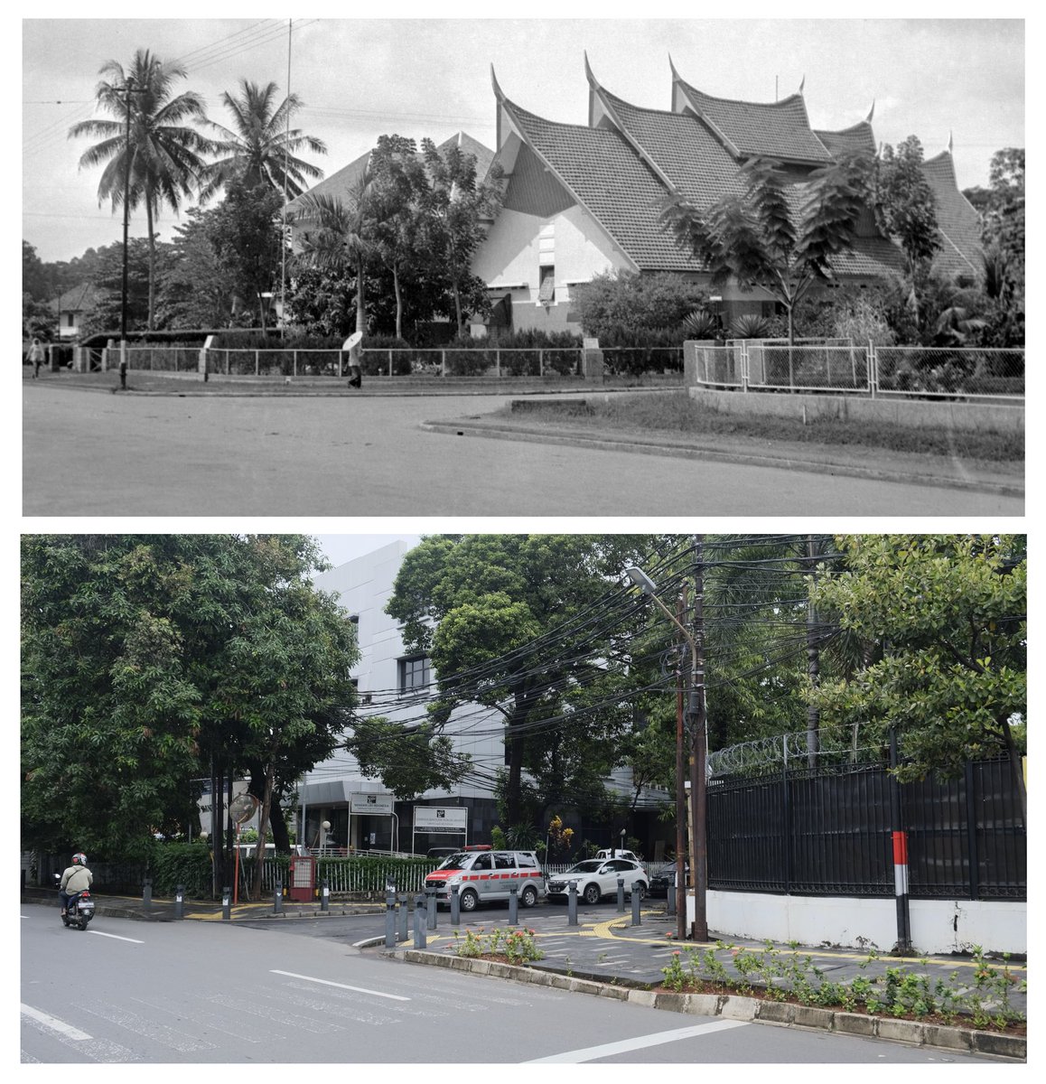 LostJakarta's tweet photo. Corner of Jalan Diponegoro and Jalan Mendut in 1941 and now. House of Dr Abdoel Madjid (specialist in children’s diseases) was a striking sight in Menteng. Sadly demolished long time ago. Let’s preserve the last 16% that’s left. #friendsofmenteng #preservementeng #jakarta https://t.co/sasldDHb47