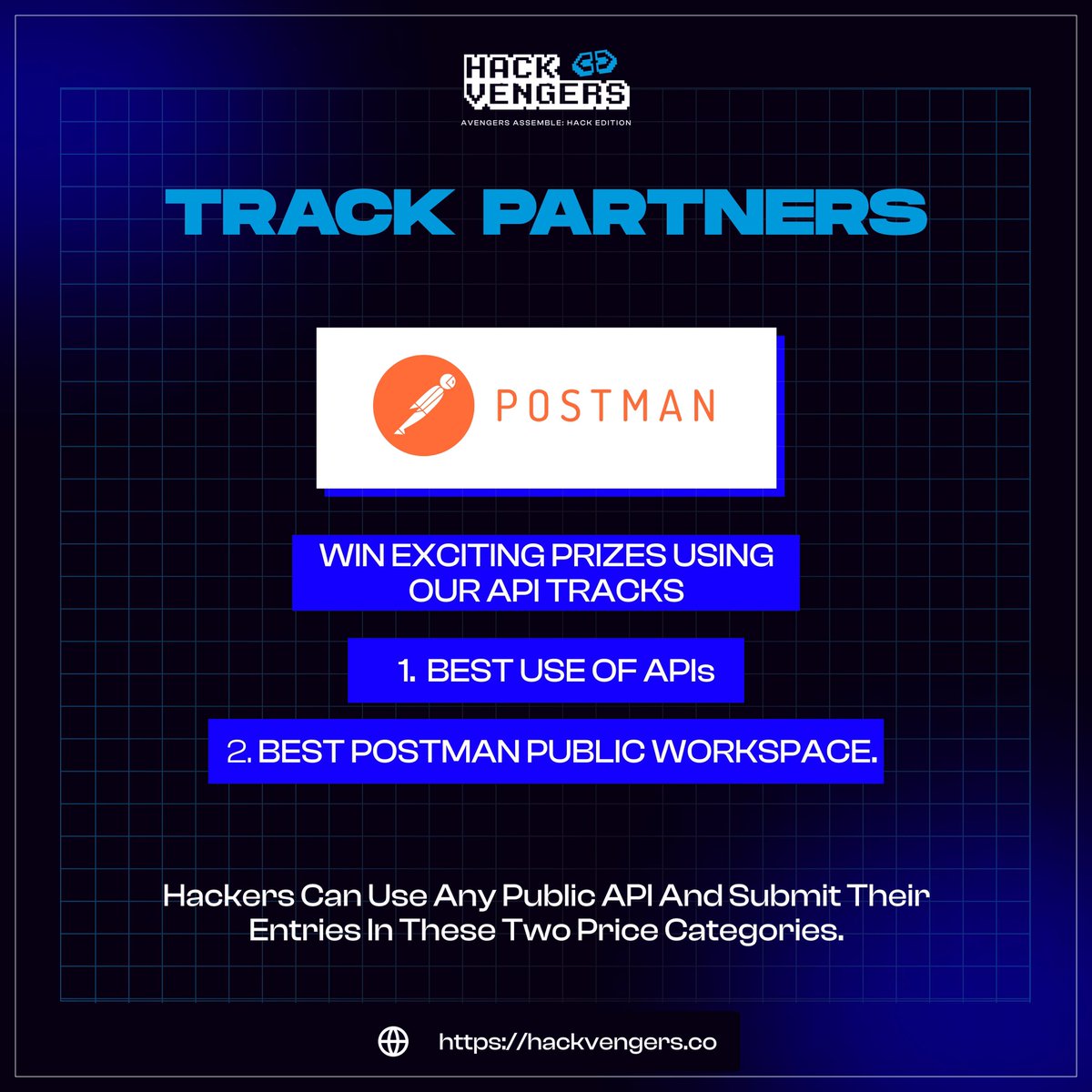 Hack_Vengers's tweet photo. hackvengers is delighted to announce @getpostman is our track partner for hackvengers  Avengers assemble : havk edition 

Win Exciting prizes using our API tracks 

Thank you @getpostman for their support in making @Hack_Vengers a success https://t.co/wAt057nMNh