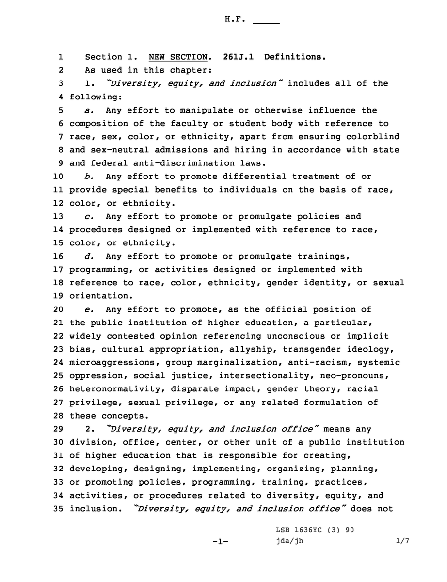 BREAKING: Iowa legislators have introduced a bill to abolish all DEI bureaucracies in the state's public universities. The legislation would immediately terminate all administrative departments, plans, programs, and initiatives that promote left-wing racialist ideology.