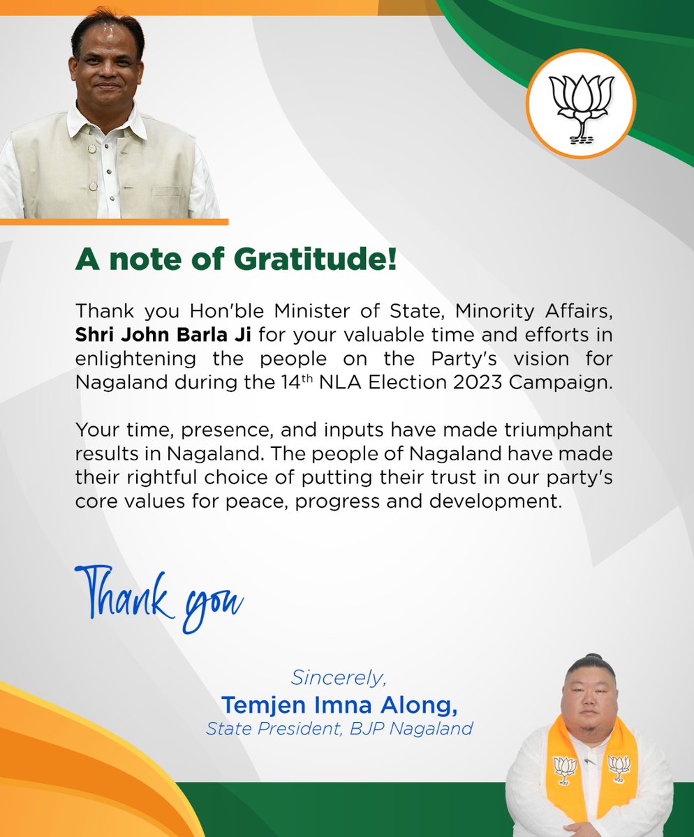 AlongImna's tweet photo. Thank you Hon'ble Minister of State, Minority Affairs, Shri @johnbarlabjp Ji for giving us your valuable time and accompanying us during the 14th NLA Election 2023 Campaign.

Your time, presence, and inputs have made triumphant results in Nagaland. https://t.co/EHzf4DN6WY
