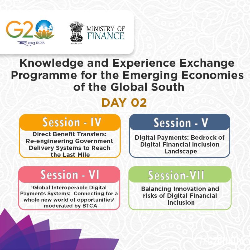 FinMinIndia's tweet photo. Day 02 of the "Global South for Knowledge &amp; Experience Exchange Programme" in collaboration with @BetterThan_Cash begins, under #G20India Presidency.

@g20org @PIBHyderabad https://t.co/dSmv2qSuMT
