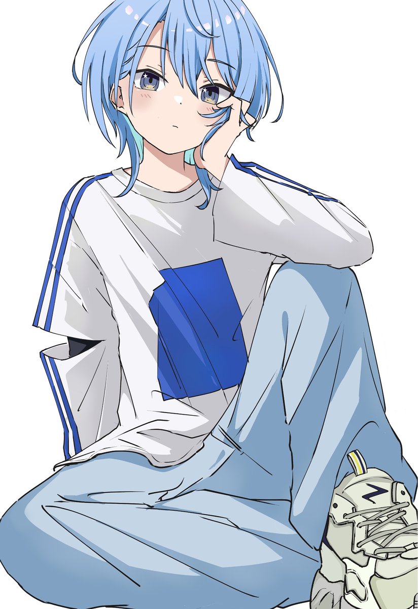 hoshimachi suisei 1girl solo blue hair pants blue eyes sitting white background  illustration images
