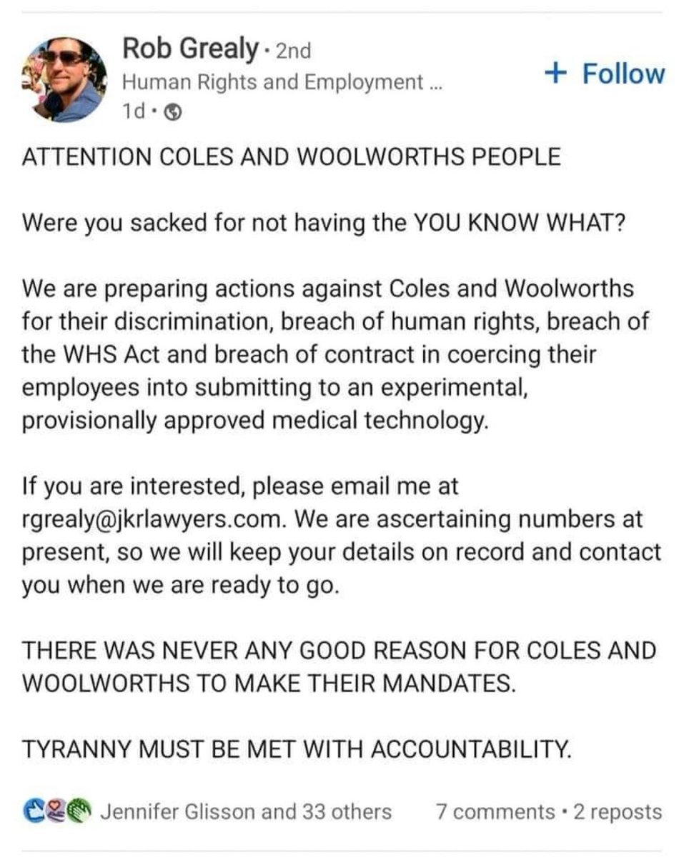 Good news 👏 Local law firm in Brisbane are preparing legal action against Woolworths and Coles Supermarkets for their actions in regards to enforcing vaccine mandates, where staff were either sacked OR forced to be vaccinated.