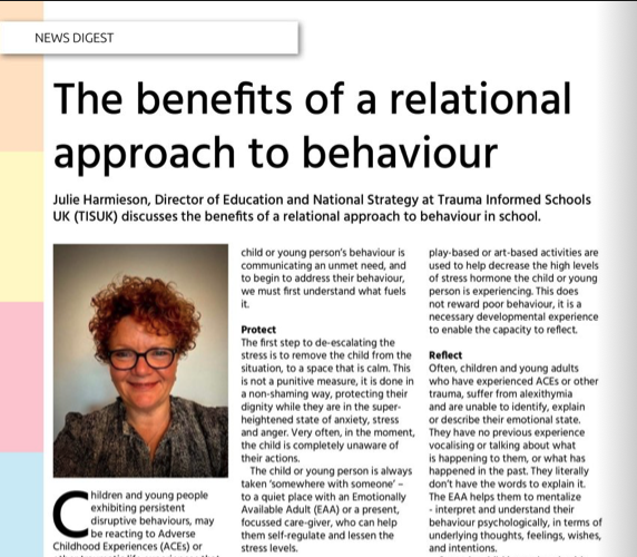 Julie Harmieson, our Director of Education and National Strategy at TISUK, discusses the benefits of a relational approach to behaviour in schools ow.ly/WXgC50MFy02  page 14-15 to read the full article... 

#traumainformedschools
#behaviourinschools
#relationalapproach