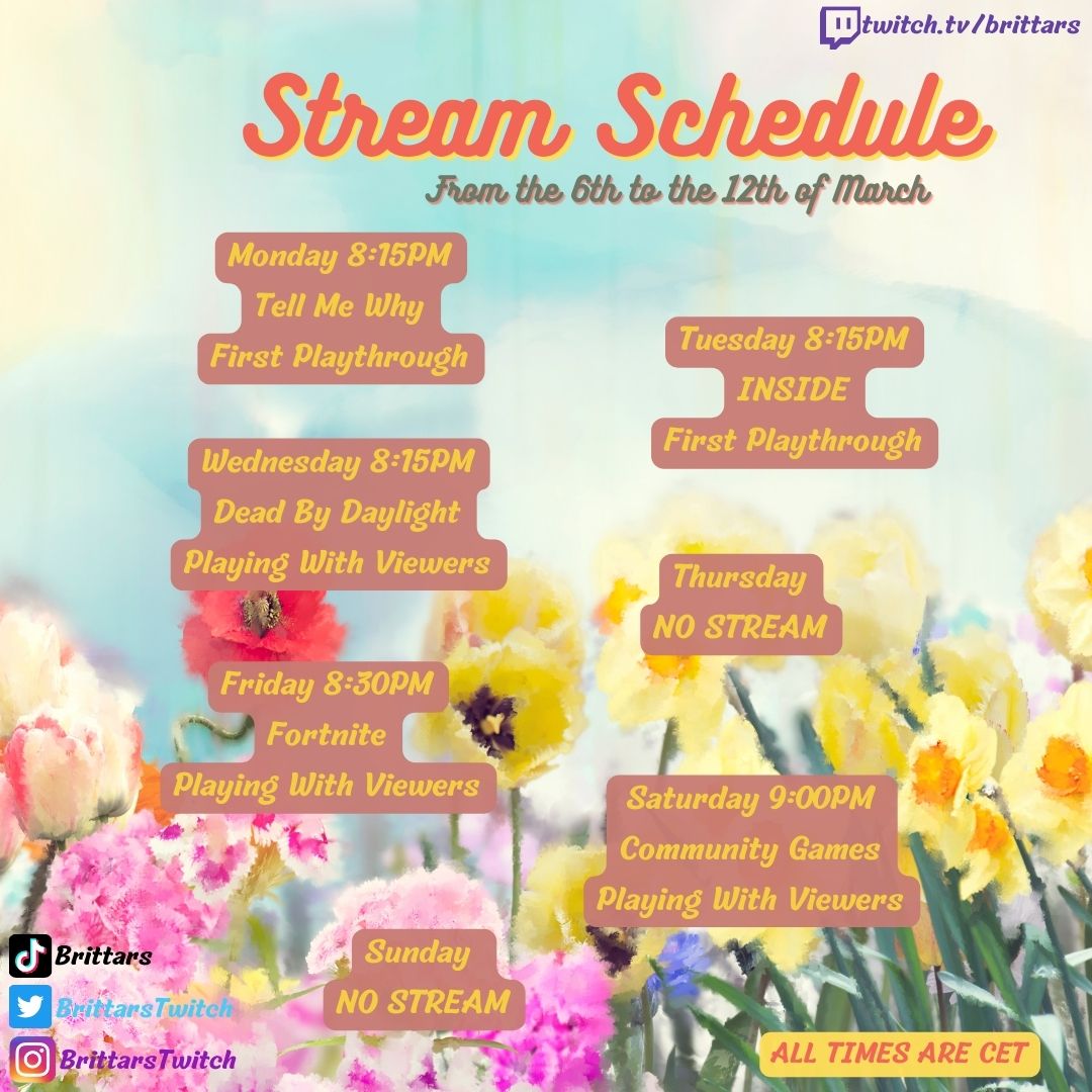 BrittarsTwitch's tweet photo. 🥳Next weeks stream schedule is here! I'm gonna be streaming Monday, Tuesday, Wednesday, Friday and Saturday next week🥳
🌺Link in replies⬇️
#tellmewhygame #insidegame #deadbydaylight #fortnite #communitygame #stream #goinglive #twitch #twitchstreamer #streamschedule #nowlive https://t.co/rrF4kMXnLN