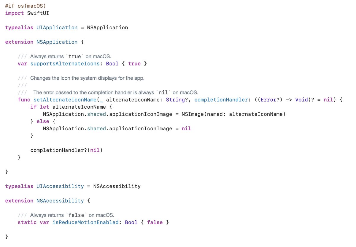 dsteppenbeck's tweet photo. An interesting alternative to having lots of
#if os(iOS)
#elseif os(macOS)
#endif
in your codebase is to use extensions and add the missing properties and methods yourself, like in the examples here. Keeps your code cleaner in some cases. https://t.co/BClyFCsHn3
