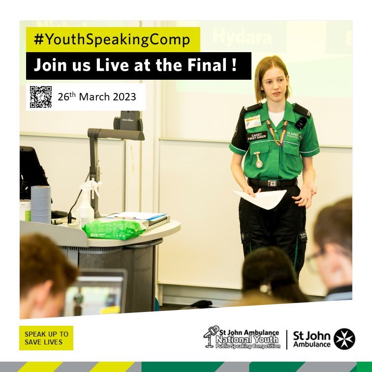 National Youth Public Speaking Competition, Sunday 26th March 2023 [13:00-18:00] Scan the Qr code to join us live! - linktr.ee/YouthSpeakingC… #YouthSpeakingComp #StJohnCadet #NHSCadet #OneStJohn #UnExpectedVoices #YouthVoice @SJAYouthEng
