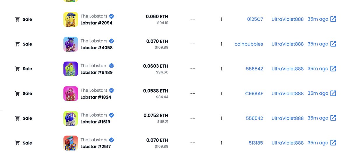 🚨 <a href="/ultravioleth888/">ultraviolet888</a> is back with another 15 <a href="/thelobstars/">The Lobstars</a> sweep! 🚨 Congrats! 🫡 
1.82% left listed in OS 😉
Art collectors who are looking to collect art, do have a look at The Lobstars and the Artist / creator Philip Colbert <a href="/philipcolbert/"></a> and you will know why 😉😉 🦞🌈❤️