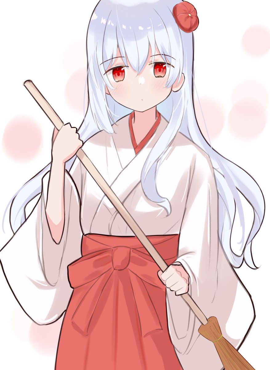 1girl solo japanese clothes long hair red eyes broom miko  illustration images