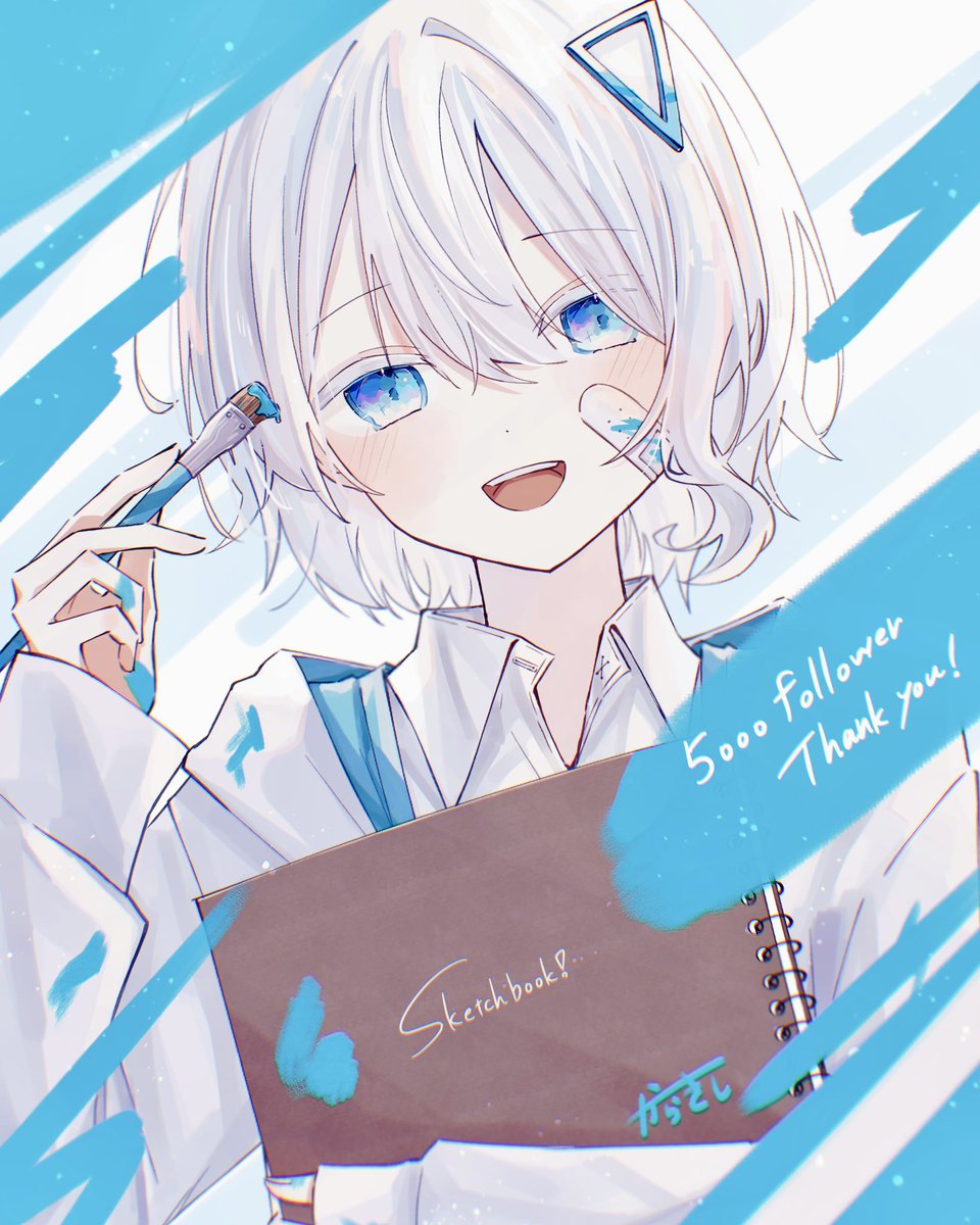 blue eyes white hair shirt white shirt solo smile looking at viewer  illustration images