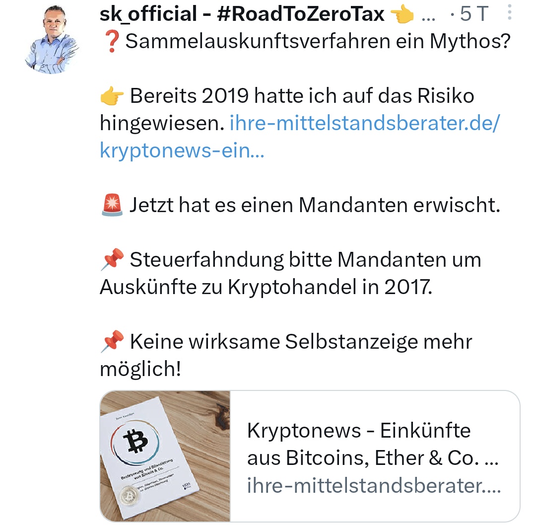 I am currently hearing more and more about tax investigations against crypto owners in 🇩🇪.

A self-disclosure is possible if the tax office has not yet taken action.

I recommend: Declare your crypto taxes!

For legal problems and consultations <a href="/SvenKamchen/">sk_official - #RoadToZeroTax 👈</a> is the right contact.
