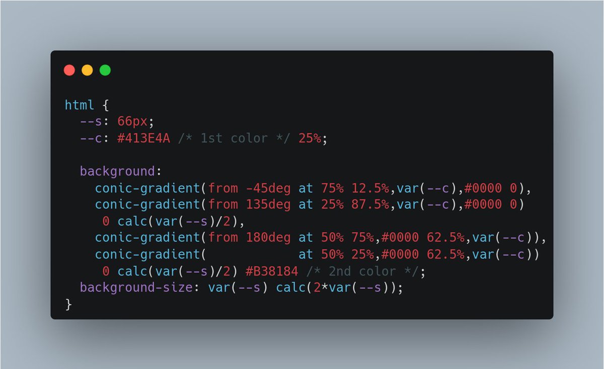 ChallengesCss's tweet image. 🎨 CSS Pattern!
Demo: codepen.io/t_afif/full/zY… via @CodePen
More CSS-only patterns 👉 github.com/Afif13/CSS-Pat…
#CSS