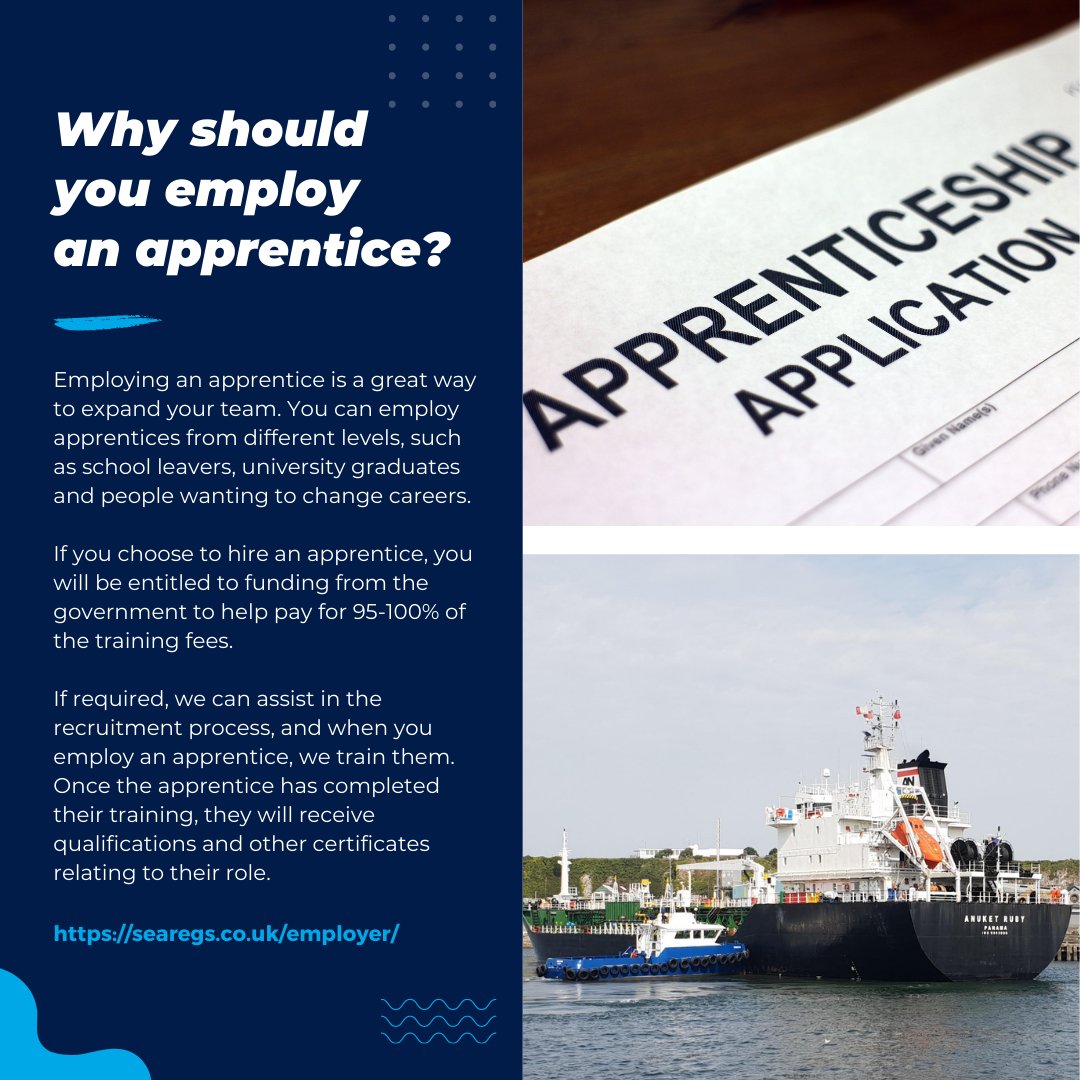 Employing an apprentice is a great way to expand your team. 

Find out more:
searegs.co.uk/employer

#upskill #marinetraining #apprenticeship #apprentice #employers #recruitment #workboat #boatapprentice