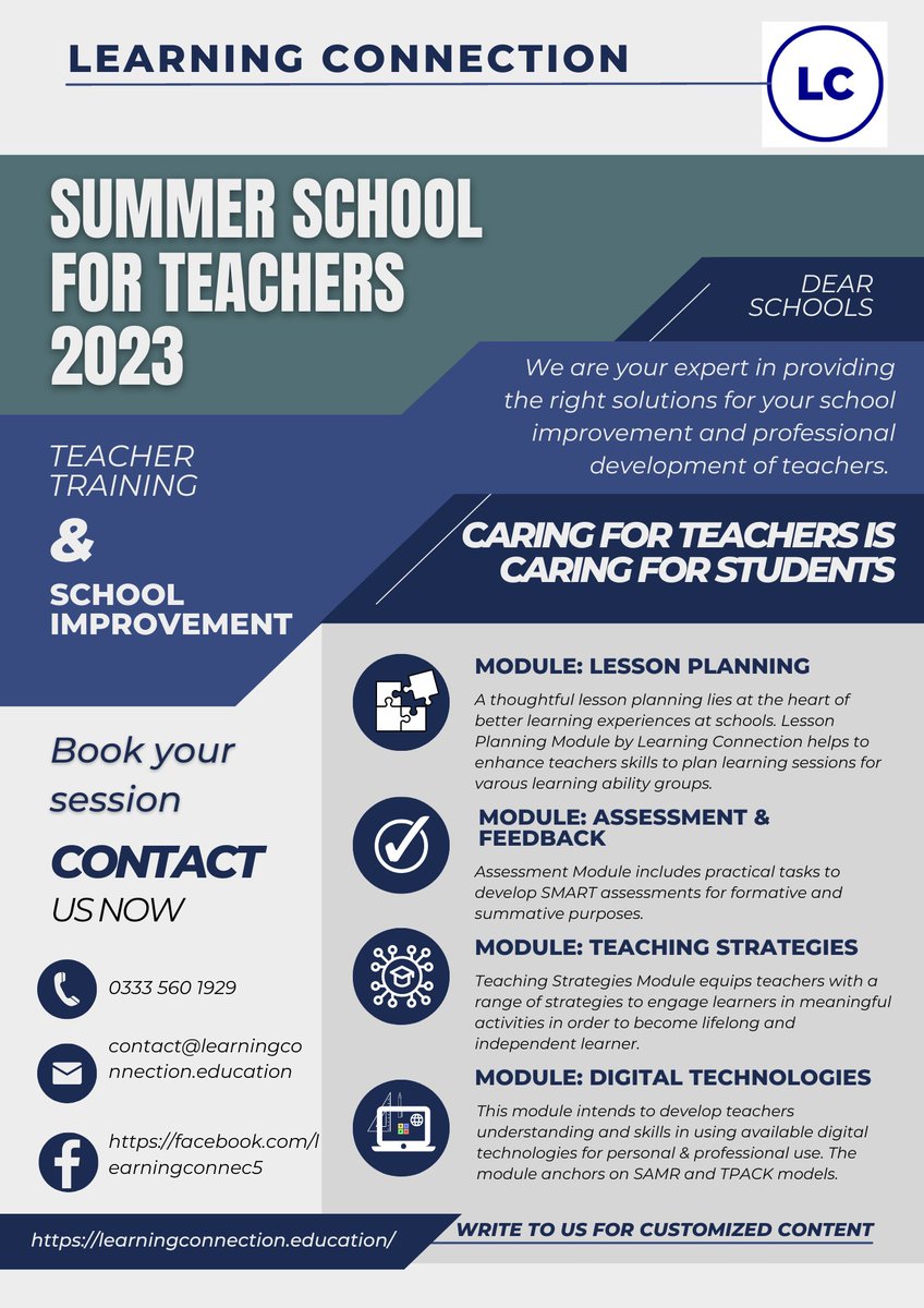 LearningConnec5's tweet image. LC offers #summerschool2023 for Teachers during Jun and Aug 2023. Summer School duration is from 3 to 5 days.  
Book your slot asap to avail especial discounts.
We are registered with SECP Islamabad.
#school #teachertraining #teachereducation #PDofTeachers