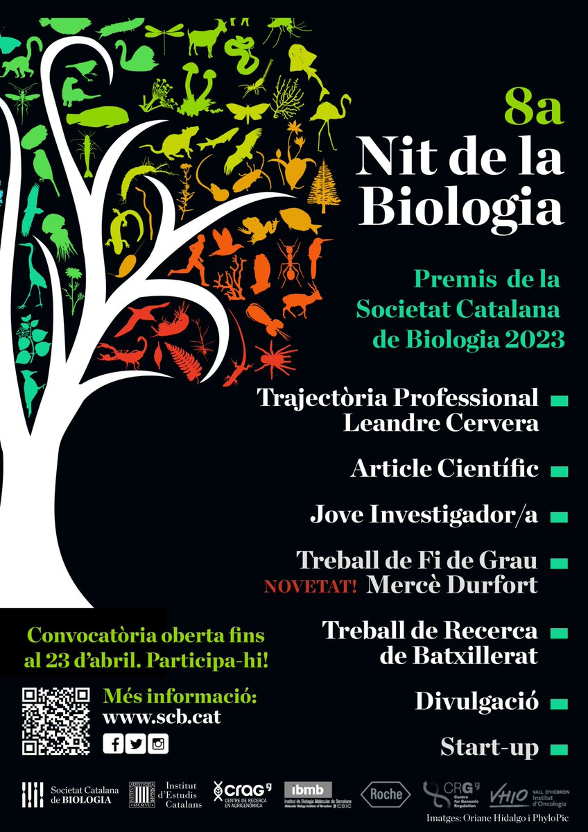 Ja està oberta la convocatòria als #PremisSCB2023 #NitBio2023, enguany amb una novetat! ➡️Trajectòria Professional ➡️Article Científic ➡️Jove investigador/a ➡️Treball de Fi de Grau ‼️NOU‼️ ➡️Treball de Recerca de Batx. ➡️Divulgació ➡️Start-up ➕ info: bit.ly/3ILa4Z8