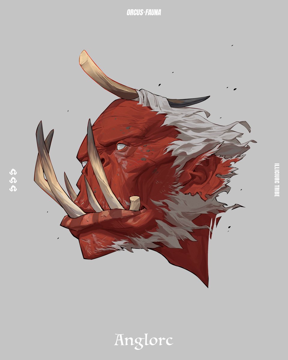 grey background solo simple background tusks red skin 1boy horns  illustration images