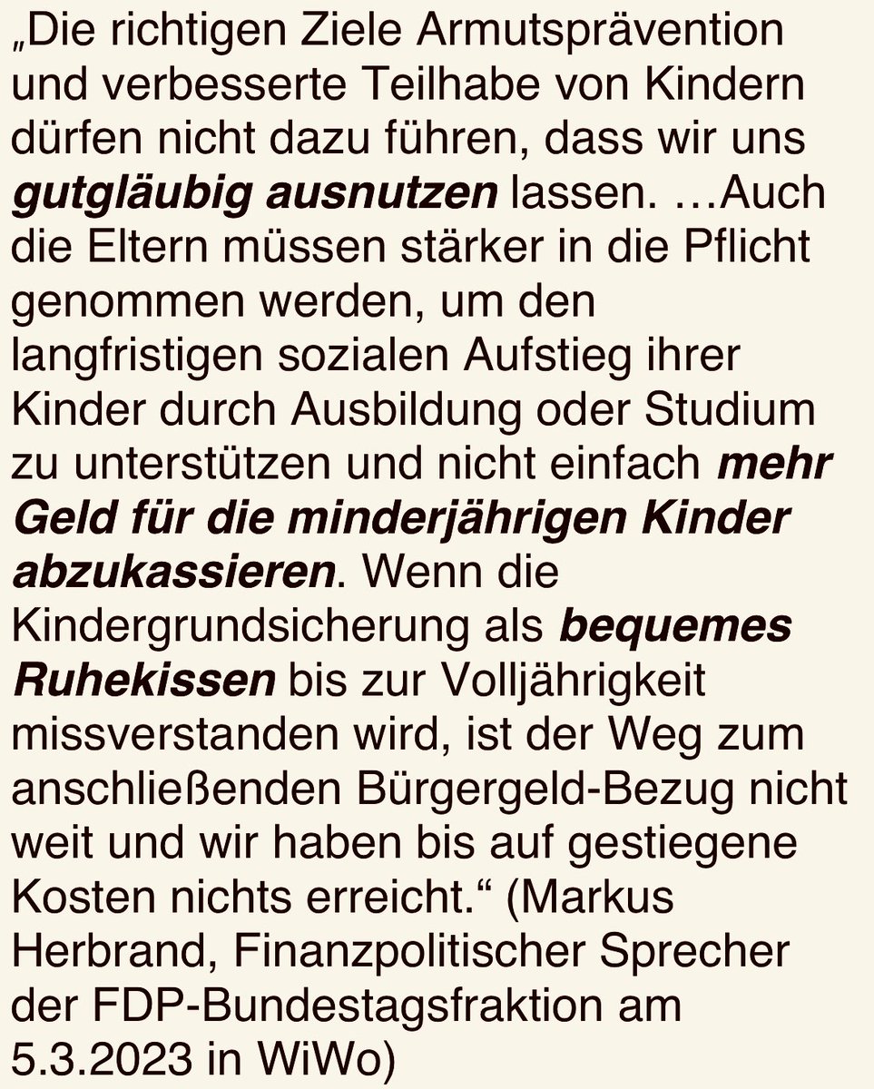 Pünktlich zur #Klausurtagung der #Ampel in  #Meseberg scheint die <a href="/fdp/">FDP</a> eine Kampagne gegen die #Kindergrundsicherung zu starten, die offensichtlich auch Vorurteile gegen Arme bedienen soll. Dies schreibt heute ihr fipol Sprecher <a href="/HerbrandMarkus/">Markus Herbrand</a> in der <a href="/wiwo/">WirtschaftsWoche</a>. Unterste Schublade.