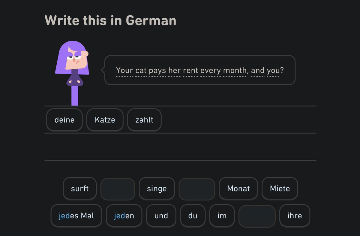 alexbassy's tweet photo. Just realised that on the duolingo web version you can type with the keyboard on these annoying clicky tile things and it will pick the word as soon as there's only one match 😯 https://t.co/4WmqWbvXLG