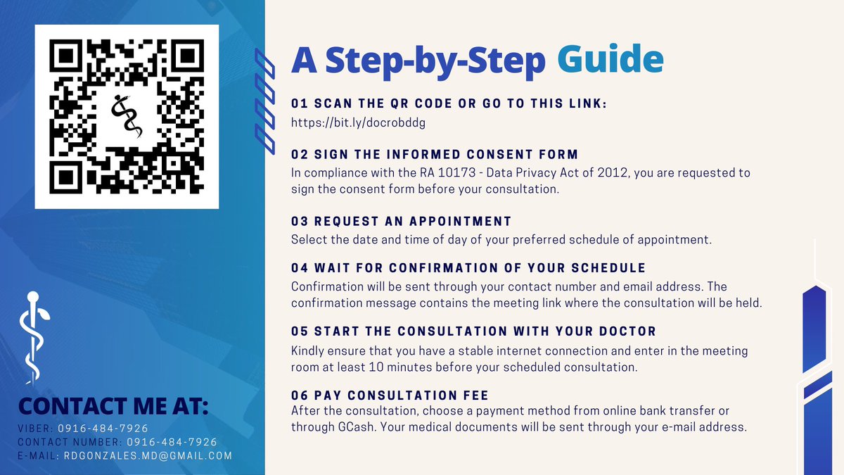 NEED A TELECONSULTATION? DOC ROB IS HERE! 

You may contact me at
📞VIBER: 0916-484-7926
📞CONTACT NUMBER: 0916-484-7926
📩E-MAIL ADDRESS: rdgonzales.md@gmail.com
💬MESSENGER: m.me/robertkaaatz

#telehealthconsultation #telemedicine #teleconsult #onlinedoctor