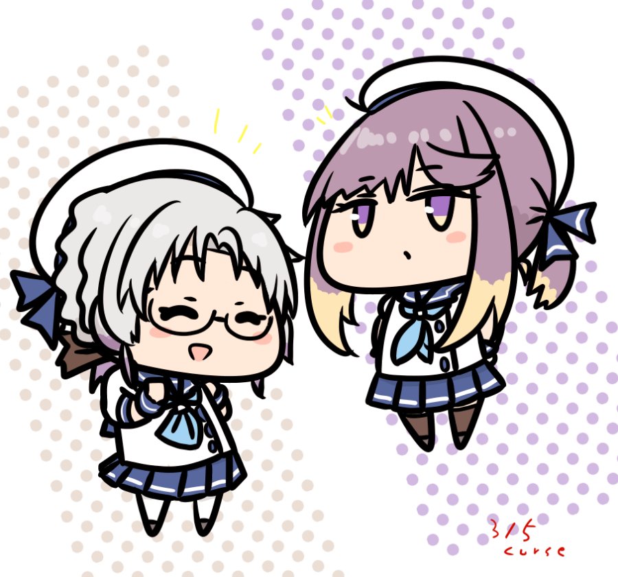 tsushima (kancolle) multiple girls 2girls school uniform blue neckerchief hat skirt glasses  illustration images
