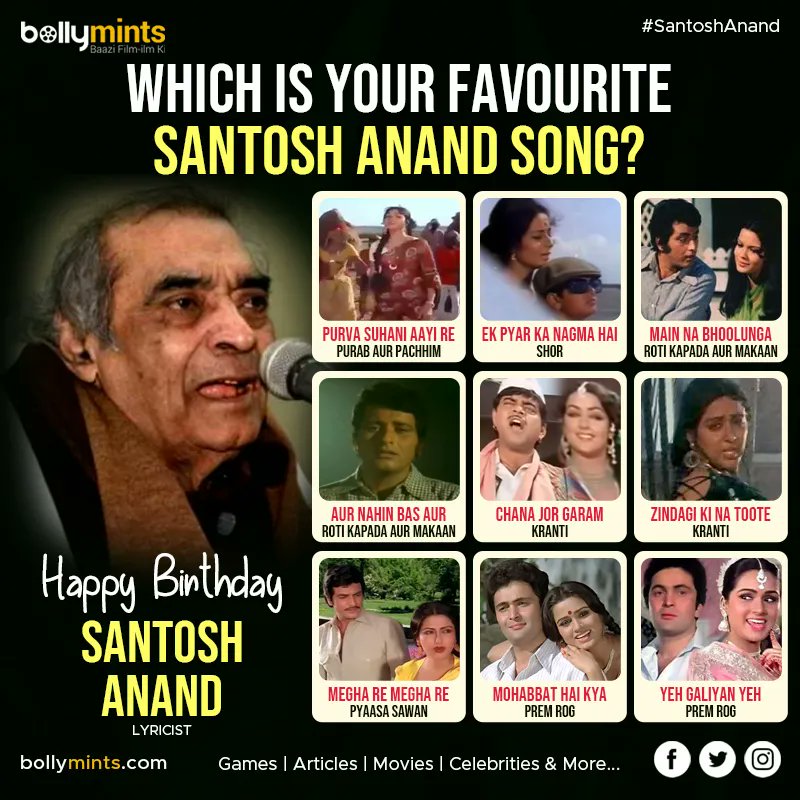 Wishing a very happy birthday to #Lyricist #Santoshanand ji !
Which is your favourite Santosh Anand song ? comment below !
#HBDSantoshAnand #HappybirthdaySantoshAnand
