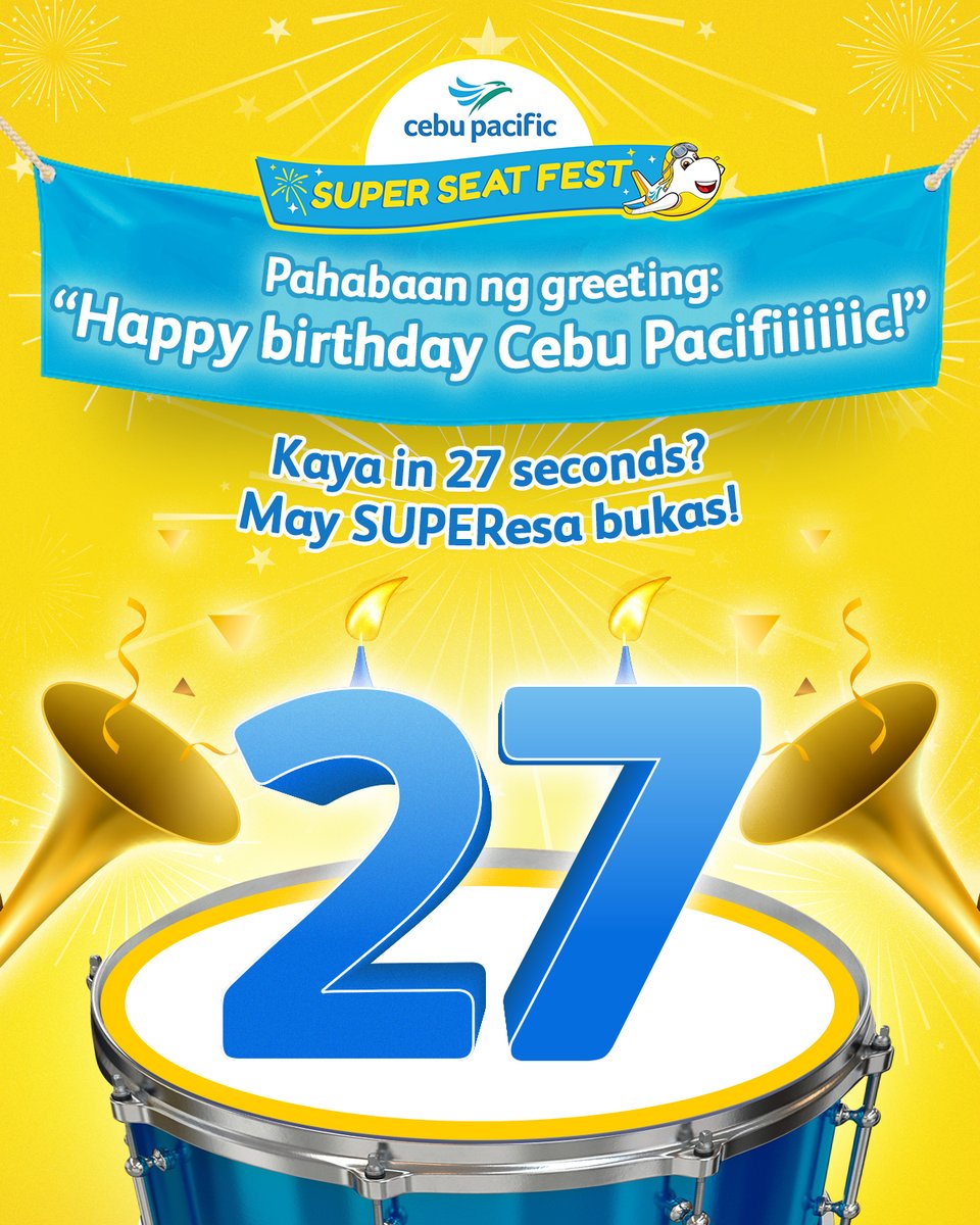 Happy Birthday Cebu Pacific!
Hold your breath para sa SUPERise handa for every Juan! #CEBSuperSeatFest

Kaya mo 'to? Tingin nga--share your birthday video greetings below! 🥳