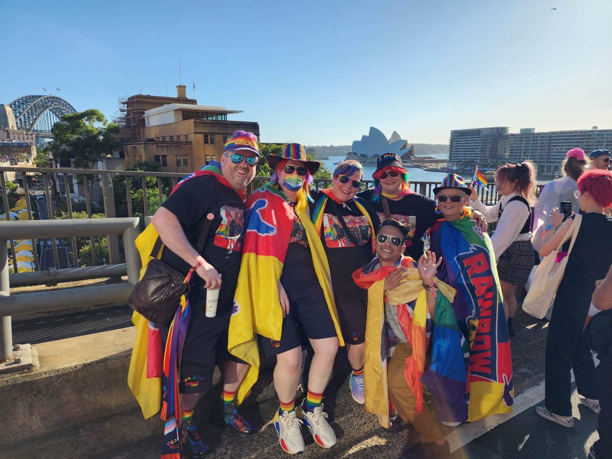 Crowject's tweet photo. we are proud to be sponsors of the amazing team at @crows_rainbow who had the privilege of walking across the Sydney Harbour Bridge as a part of @SydWorldPride this weekend! #sydworldpride #weflyasone #rainbowcrows https://t.co/E6XF1894W4