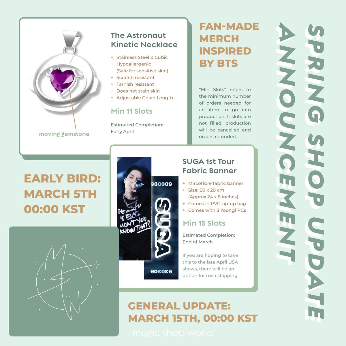 MagicShopWorks's tweet photo. ✨️ Magic Shop Works Spring Shop Update ✨️

After weeks of preparation, I'm so happy to finally launch a new collection of merch ☺️💜

In this update we're completing the hyung-line lineup ✨️

More info ⬇️
https://t.co/EPyLPb13WG https://t.co/YtzubEGA7N