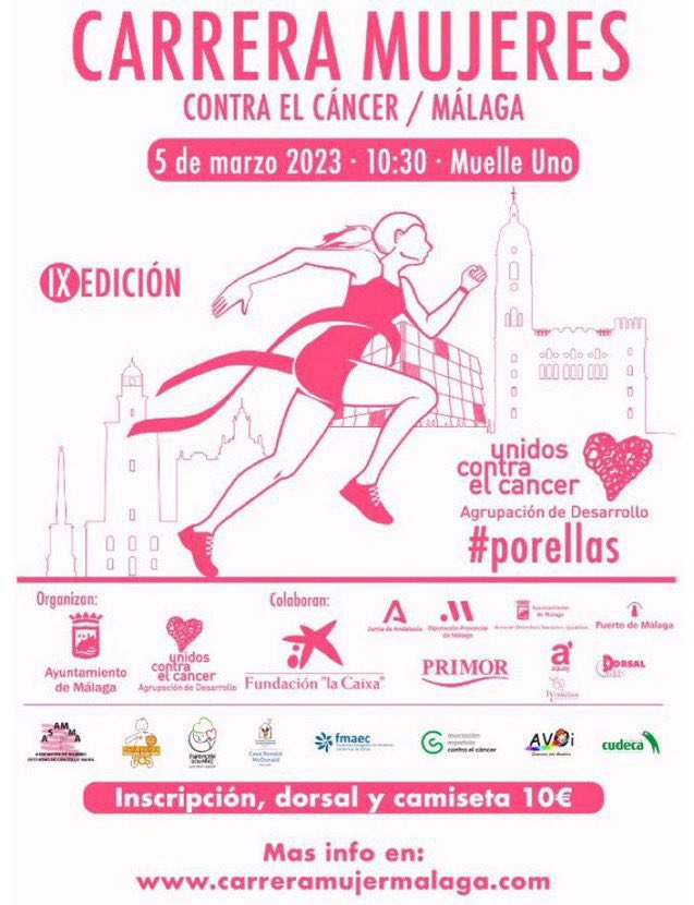 malaga's tweet photo. Buenos días. Hoy se celebra la IX Carrera Mujeres contra el cáncer Ciudad de Málaga con un nuevo recorrido por el Puerto https://t.co/Bt7frnIxto o https://t.co/6U6XeS9OOe https://t.co/C2nXXhXEAH