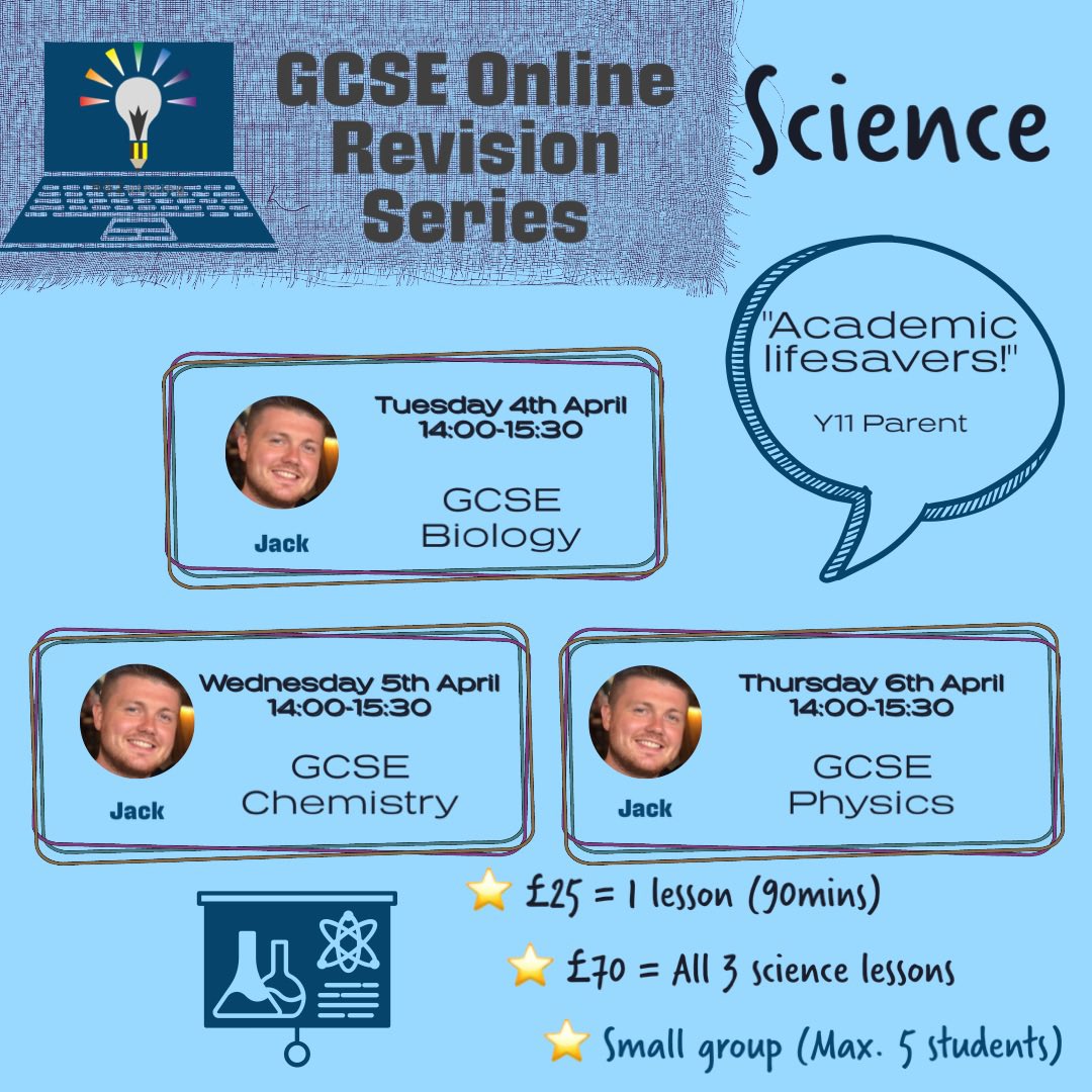 hg2utoring's tweet photo. Our booking system is 🚨LIVE🚨 for GCSE online revision series this Easter. Pt.1 of the series: Science with an experienced teacher, Jack. Contact hg2utoring@outlook.com for more information. #GCSErevision #Easterrevision #scienceGCSE #BiologyGCSE #ChemistryGCSE #PhysicsGCSE https://t.co/gHr1tOJfZ0