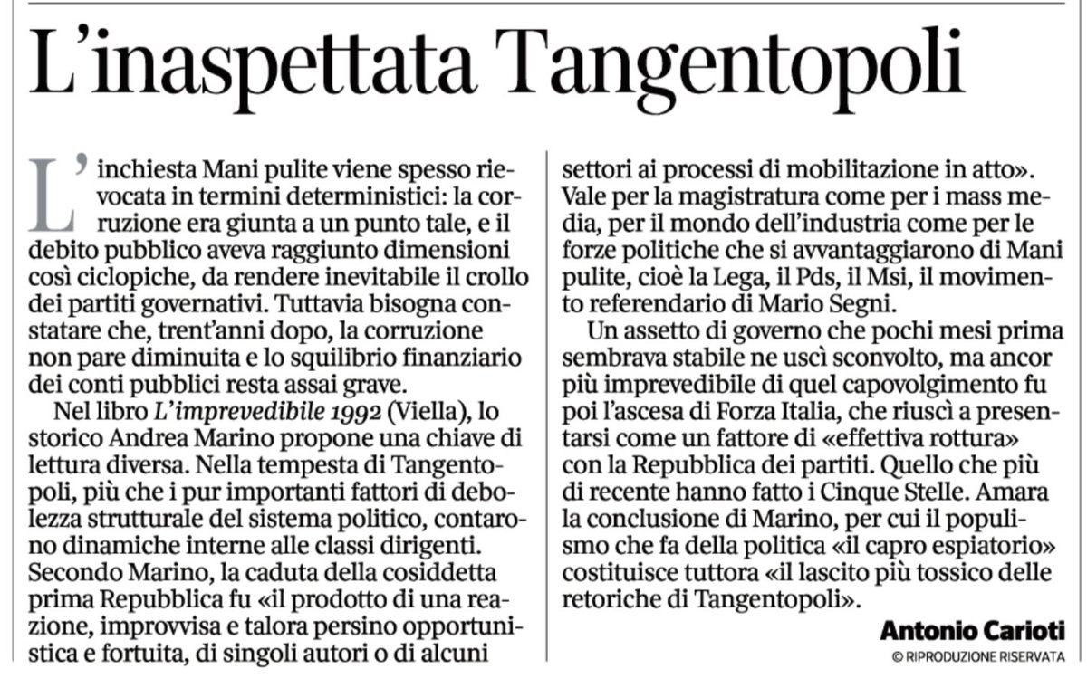 Oggi su @Corriere il mio articolo sul bel libro dedicato a Tangentopoli da Andrea Marino @ViellaEditrice